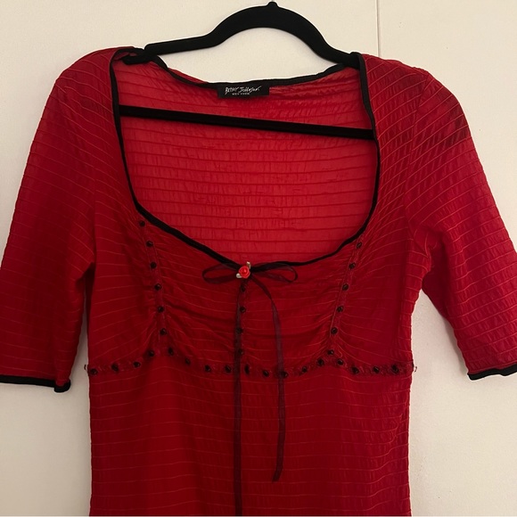 TWO Betsey Johnson Sheer Midi Red & Black Dresses with Rosettes - Picture 2 of 5